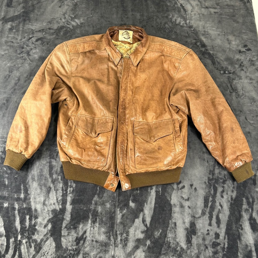 G-III Leather Fashions Bomber Jacket Mens M Brown Vintage Map Lining Aviator